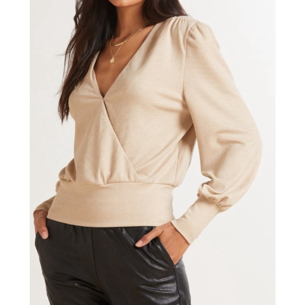 ALLISON JOY Beige Ribbed Wrap Blouse S
